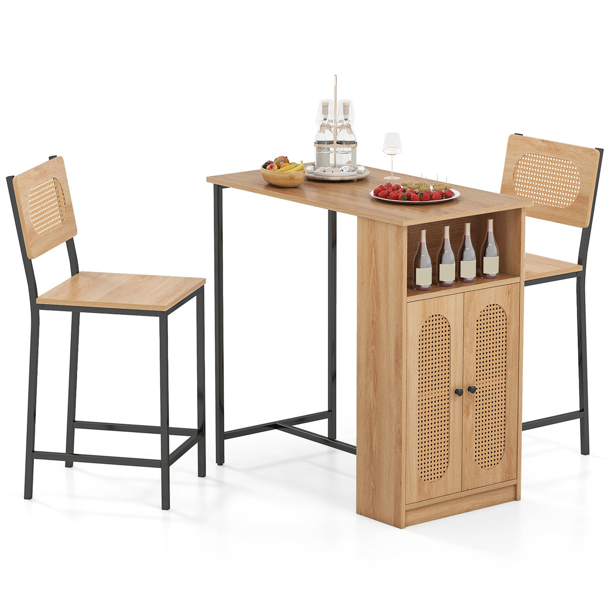Juego de mesa y 2 sillas de bar de 3 piezas con estantes de almacenamiento y reposapiés-Natural
