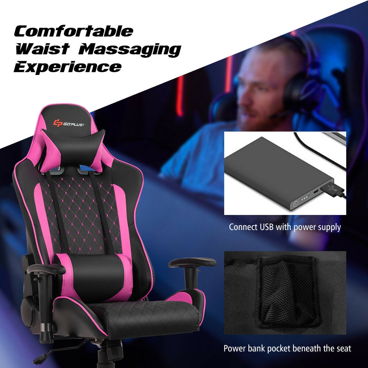 Silla de juego con masaje, soporte lumbar y reposacabezas