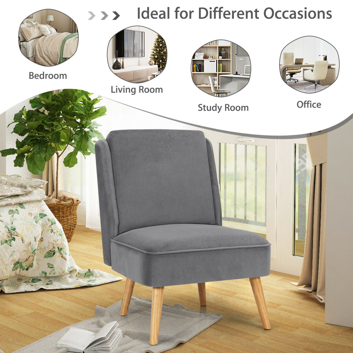 Sillón auxiliar sin brazos de terciopelo con patas de madera de caucho para dormitorio