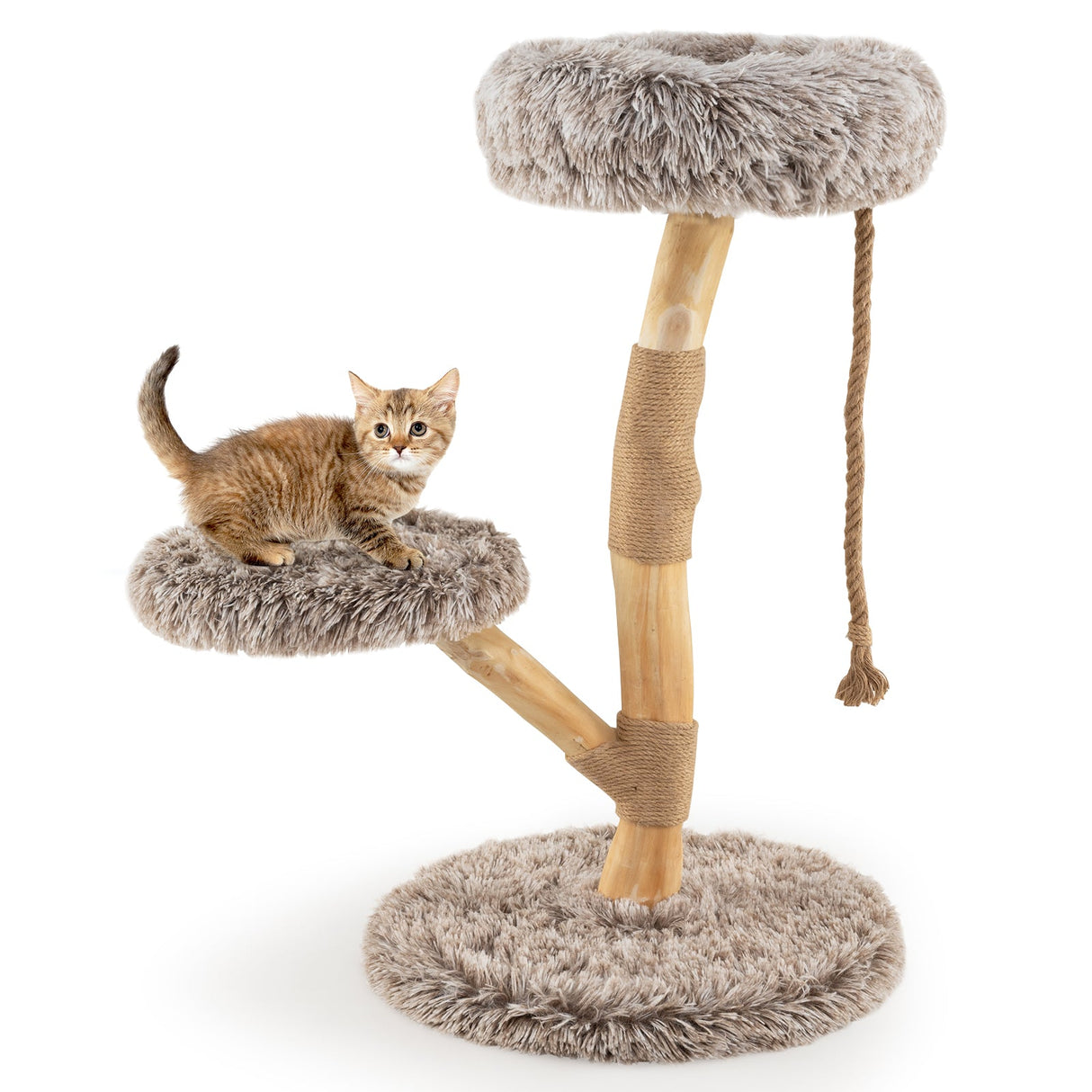 Árbol rascador moderno para gatos de madera con percha y postes rascadores de yute natural - Marrón