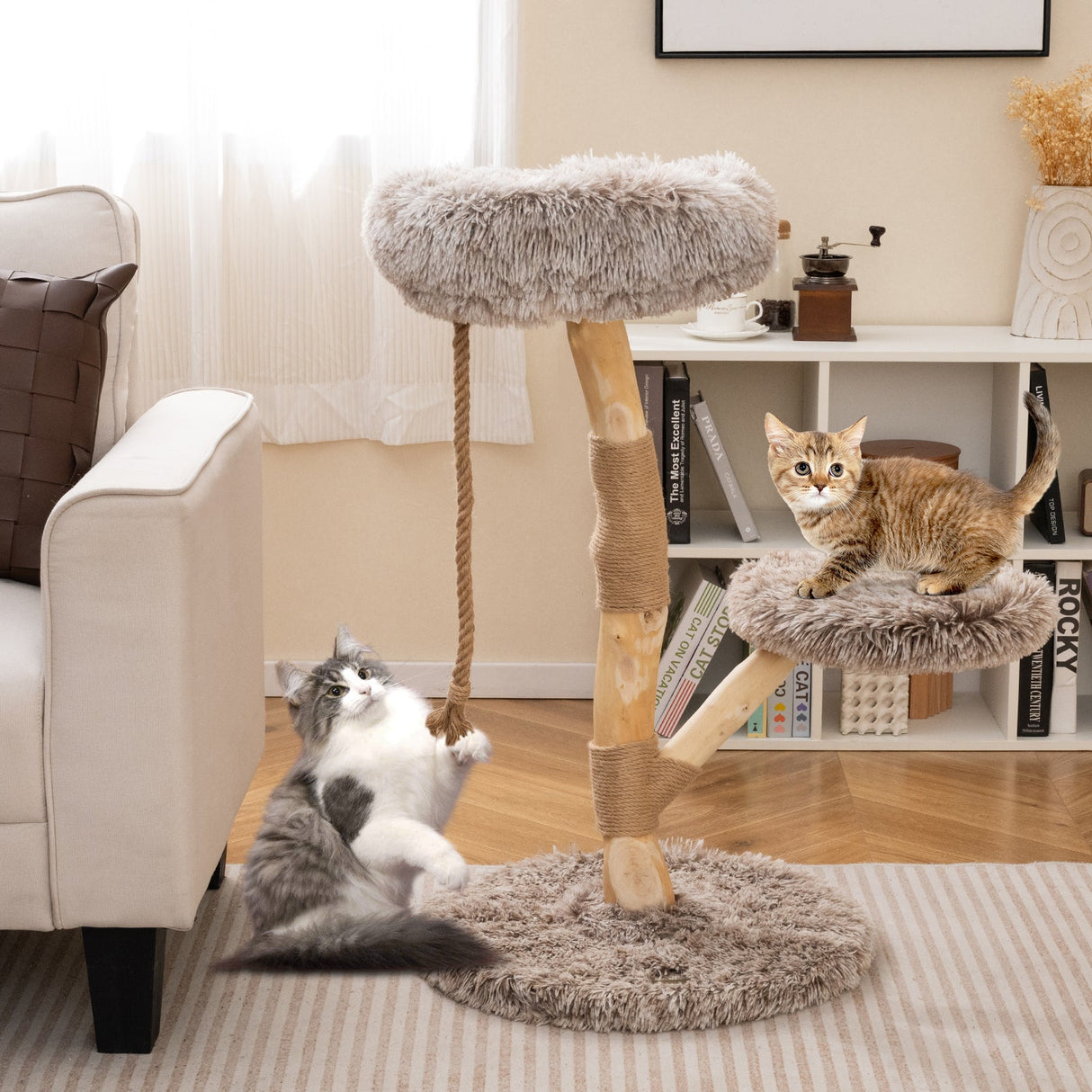 Árbol rascador moderno para gatos de madera con percha y postes rascadores de yute natural - Marrón