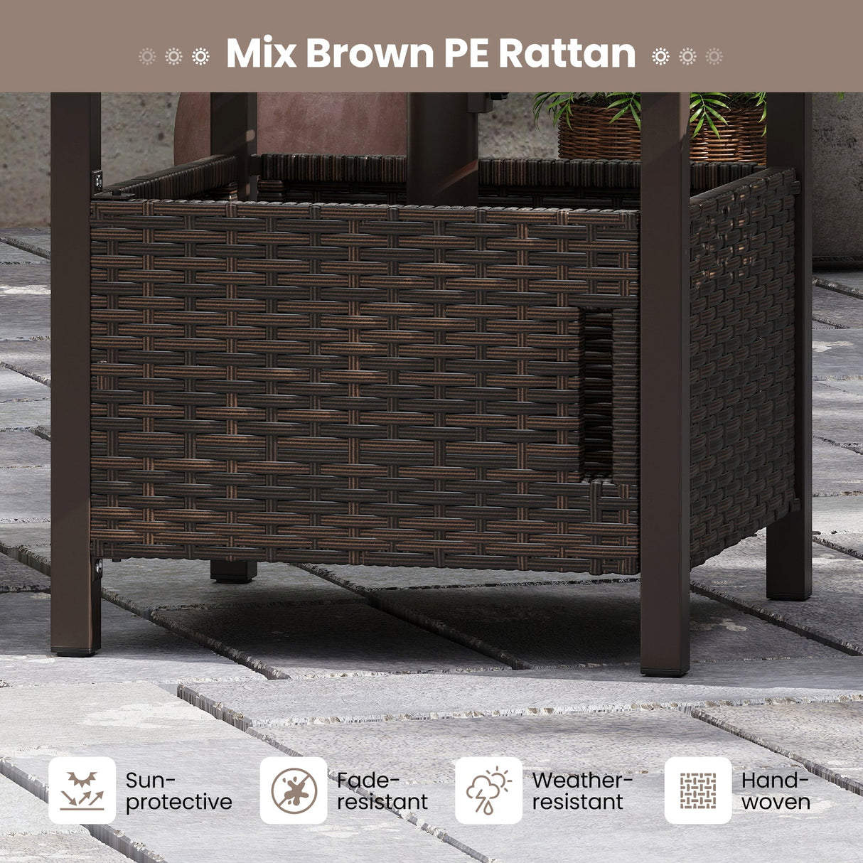 Mesa auxiliar de exterior con agujero para sombrilla de 4.9 cm, de mimbre PE, para patio, para todo tipo de clima - Marrón