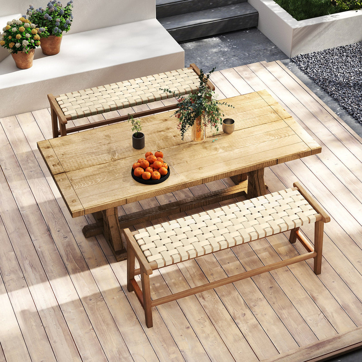 Banco de patio de madera de teca de 47 pulgadas de largo con asiento de mimbre y patas de madera maciza - Natural