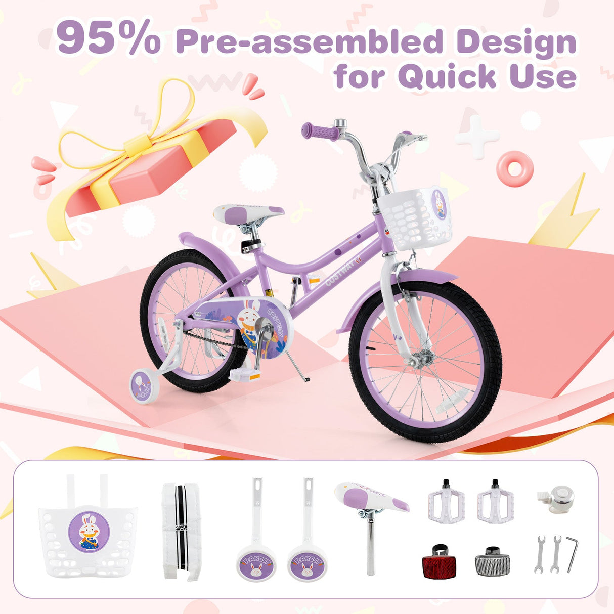 Bicicleta de niña de 18 pulgadas con cesta y ruedas de entrenamiento desmontables para edades de 4 a 8 años - 18 pulgadas