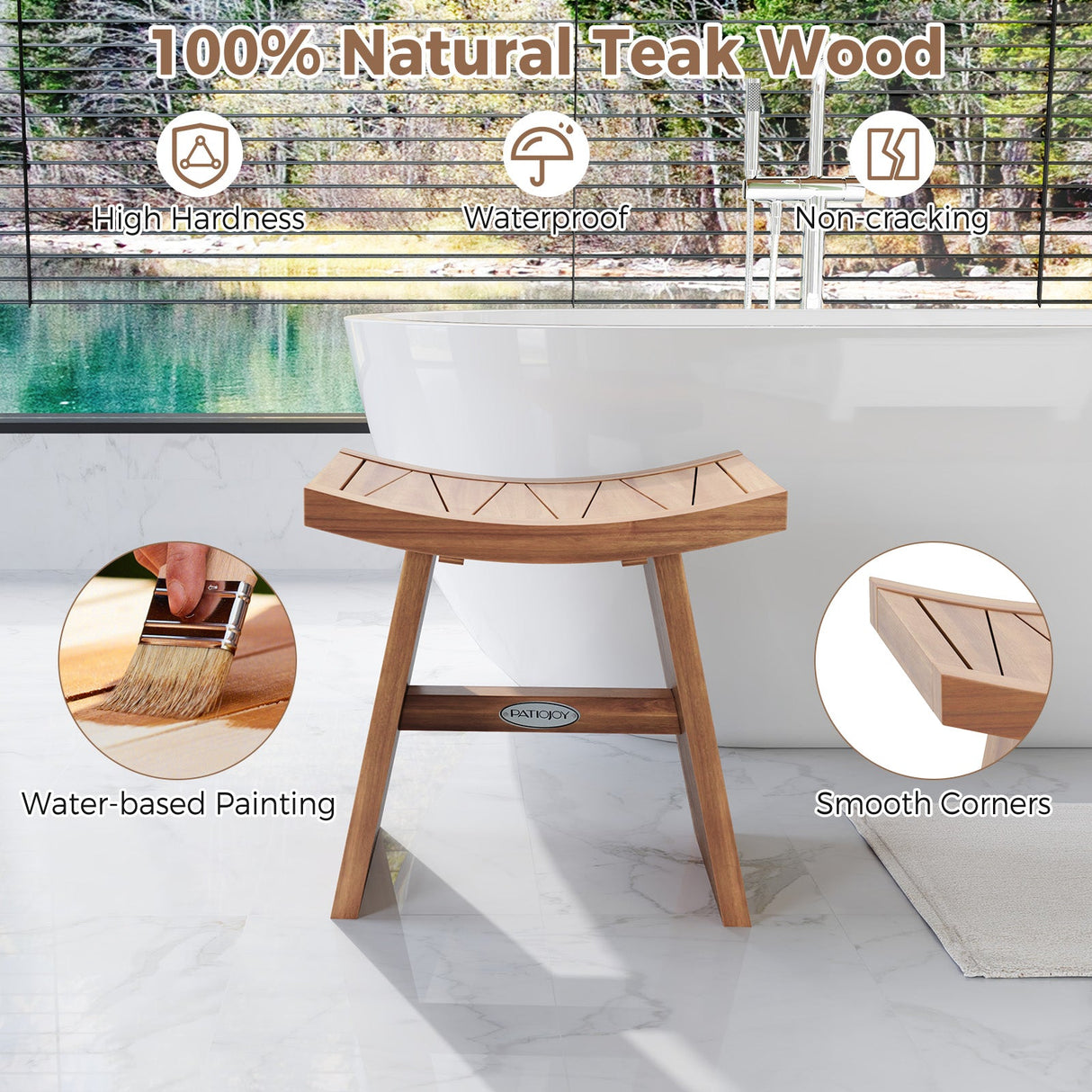 Banco de ducha de madera de teca de 18 pulgadas con asiento curvo para baño