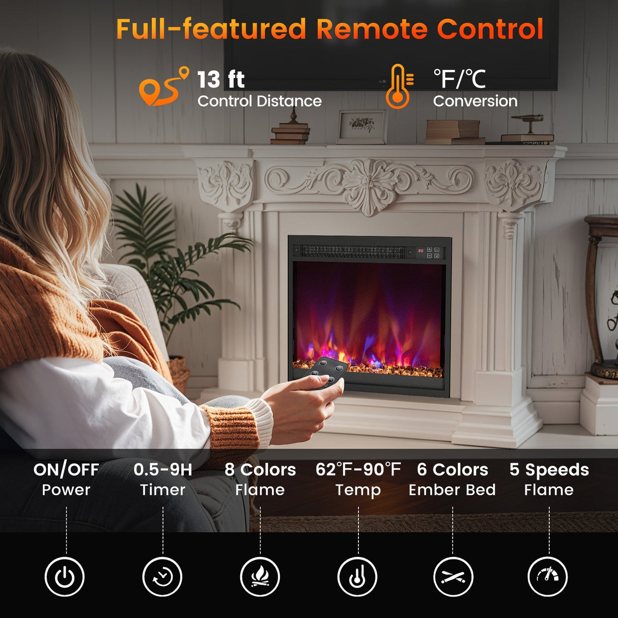 Inserto eléctrico de chimenea de 1500W de 18/23/26 pulgadas con control remoto