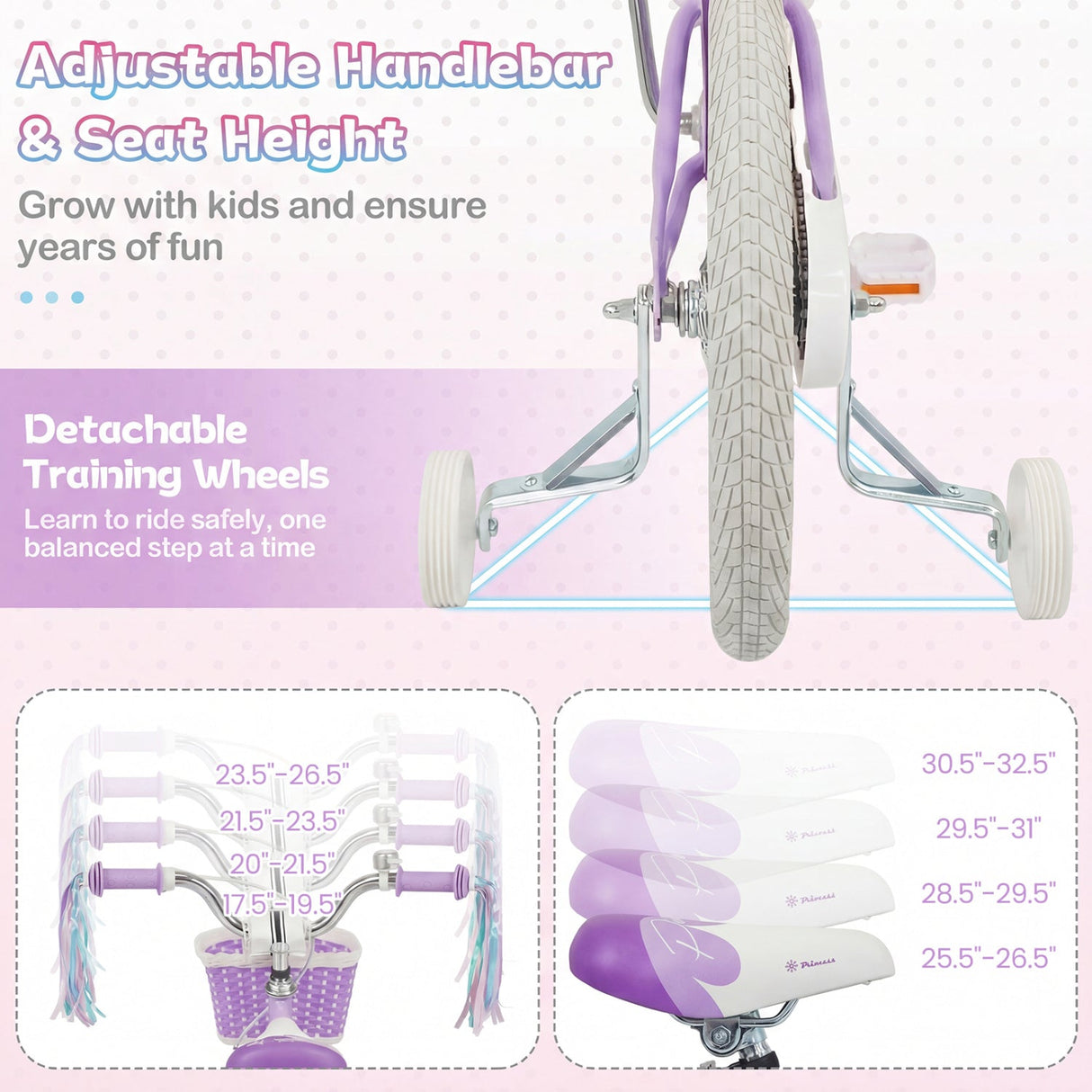 Bicicleta para niños de 18 pulgadas, ajustable con cesta y serpentinas, morada - Temática "Princesa del Mar"