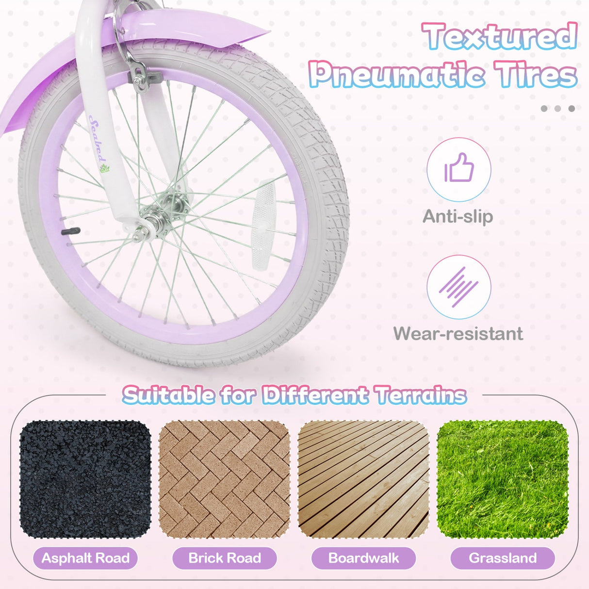 Bicicleta para niños de 18 pulgadas, ajustable con cesta y serpentinas, morada - Temática "Princesa del Mar"