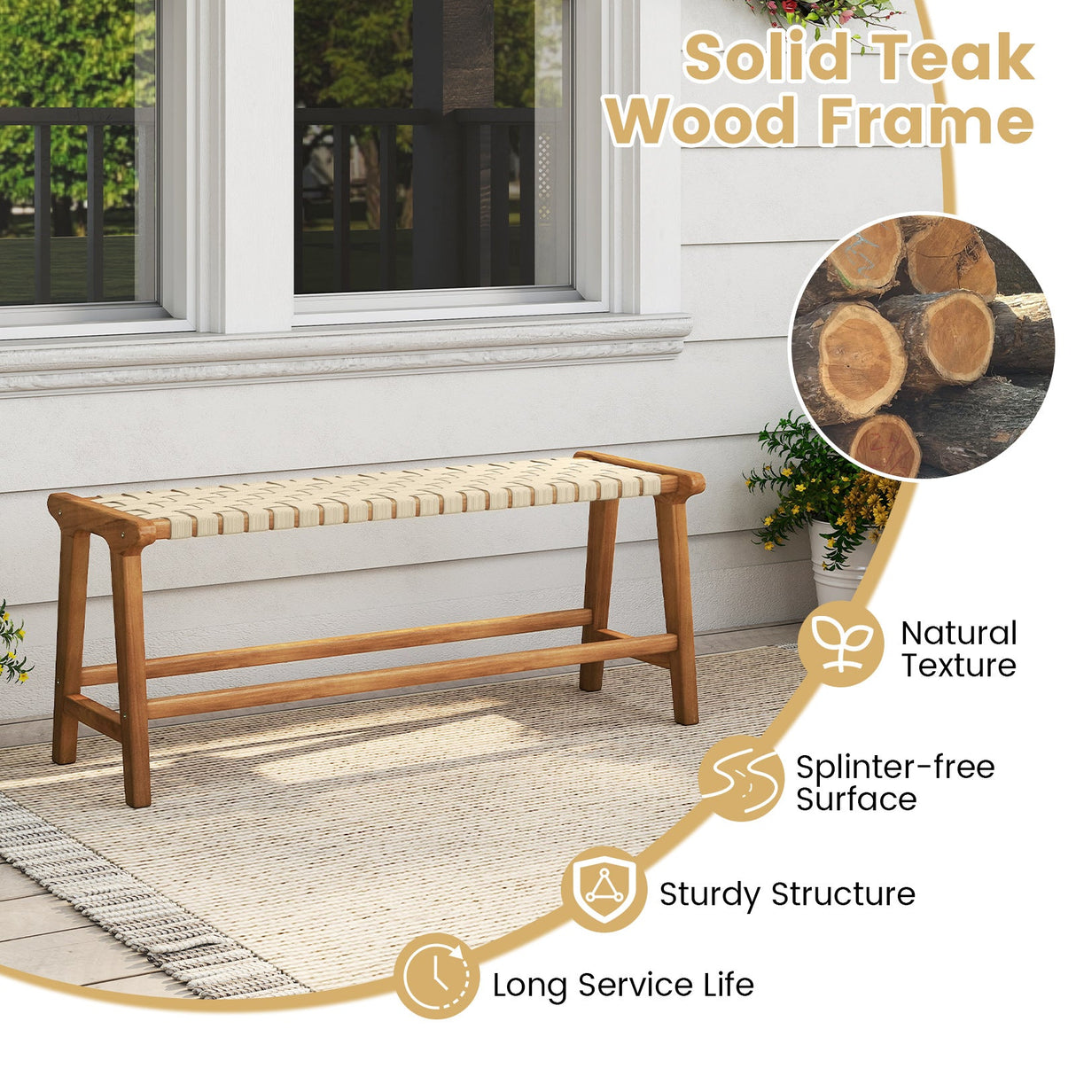 Banco de patio de madera de teca de 47 pulgadas de largo con asiento de mimbre y patas de madera maciza - Natural