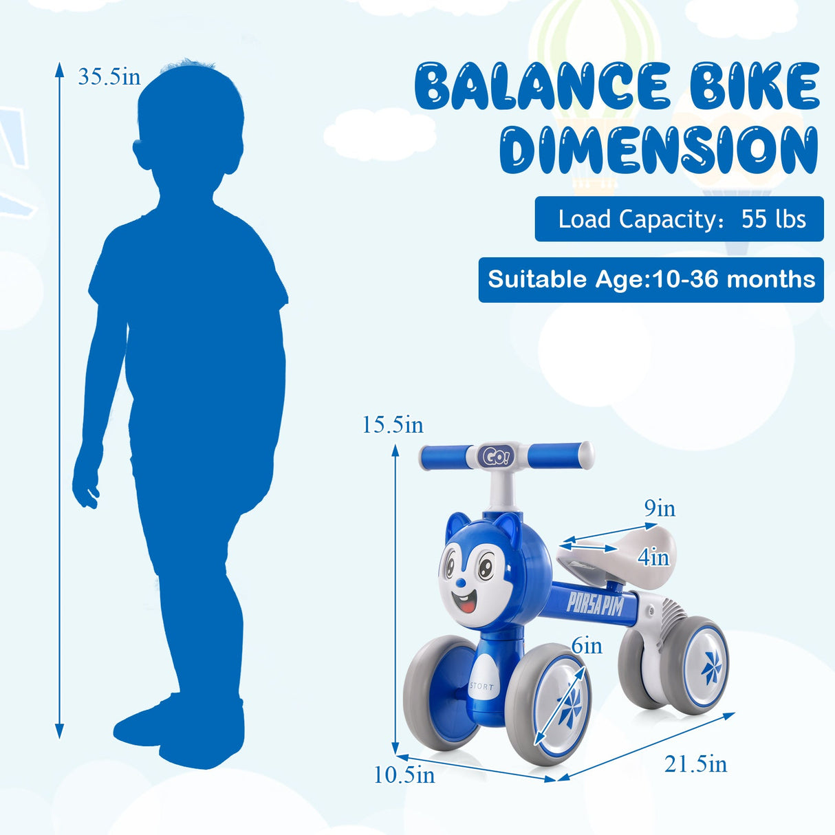 Bicicleta de equilibrio sin pedales para bebé, ligera, de 4 ruedas, para bebés - Azul