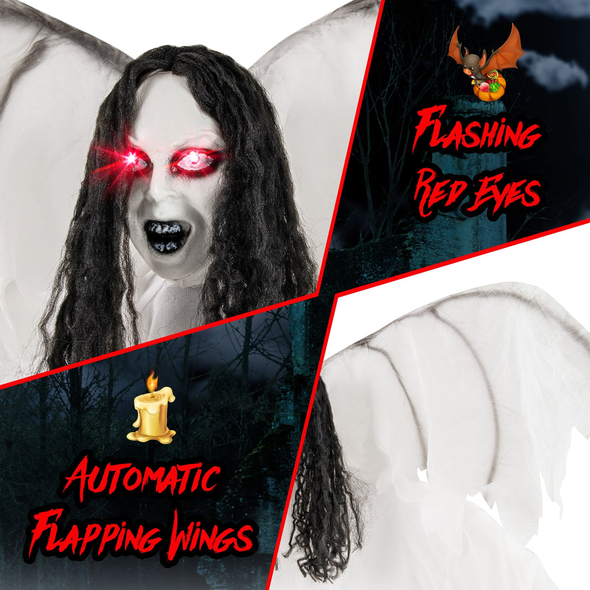 Ángel animatrónico de Halloween de 2 metros con ojos luminosos activados por sonido y alas aleteantes