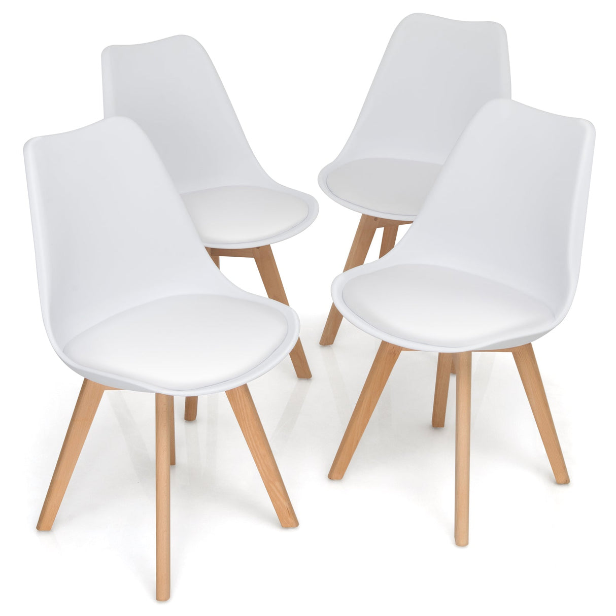 Juego de 4 sillas de comedor modernas de mediados de siglo con asiento de PU de carcasa y patas de madera