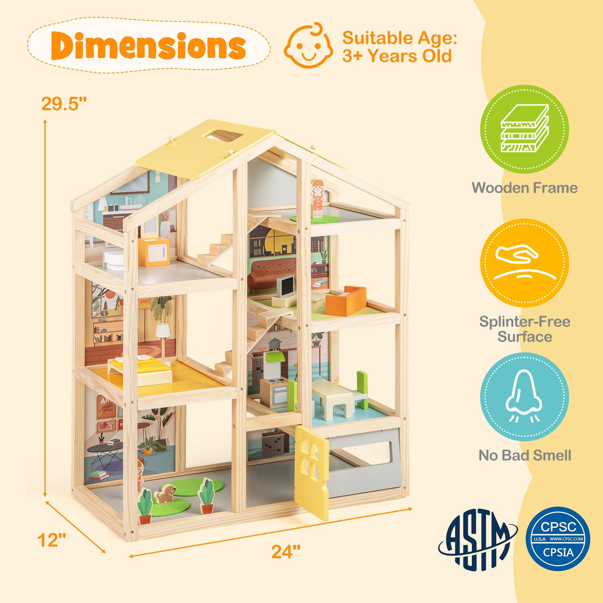 Casa de Muñecas de Madera para Niños, Casa de Juegos Moderna para Familias con Muebles y Figuras - Natural
