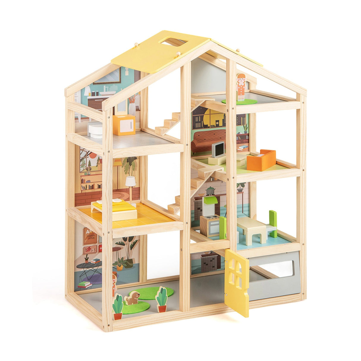 Casa de Muñecas de Madera para Niños, Casa de Juegos Moderna para Familias con Muebles y Figuras - Natural