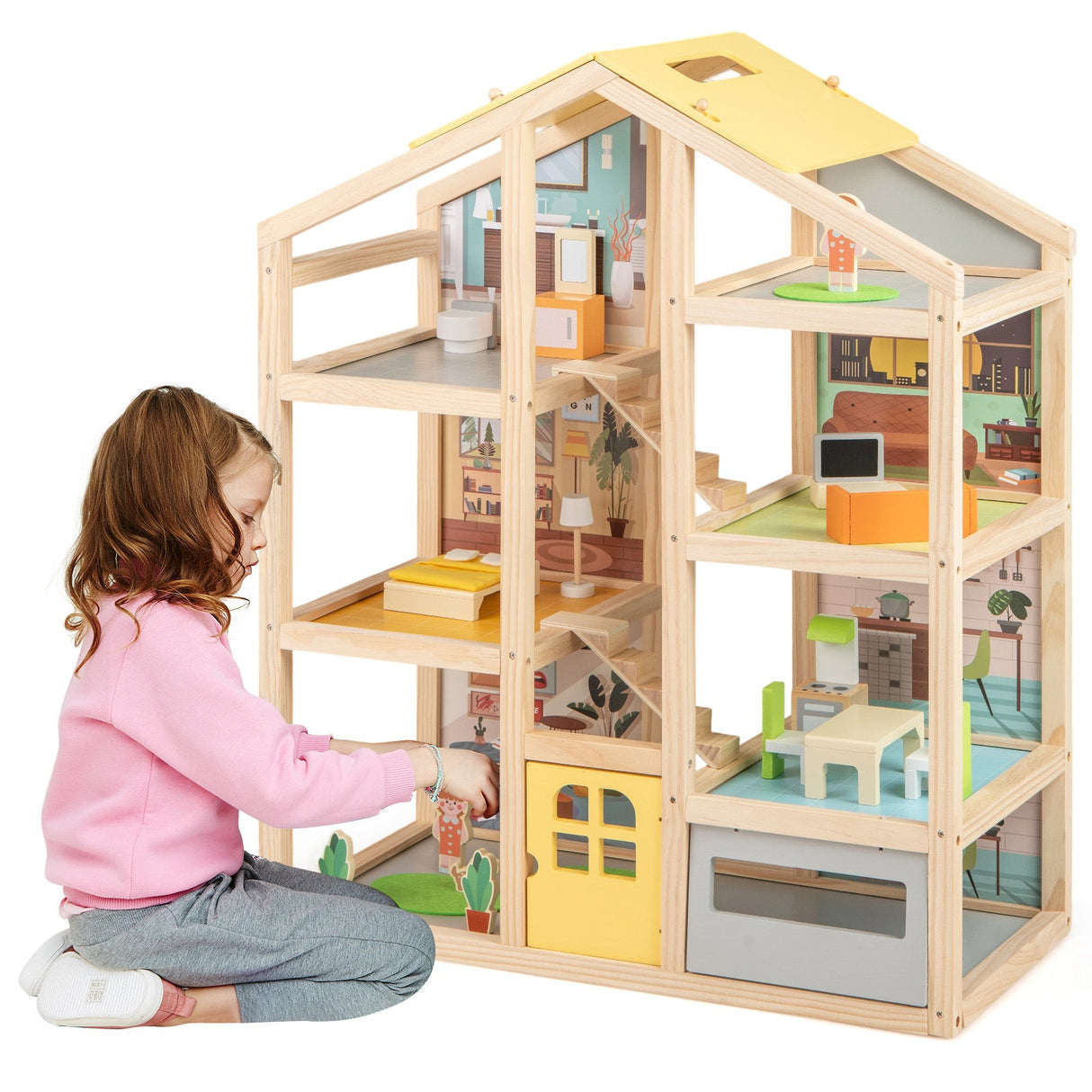 Casa de Muñecas de Madera para Niños, Casa de Juegos Moderna para Familias con Muebles y Figuras - Natural