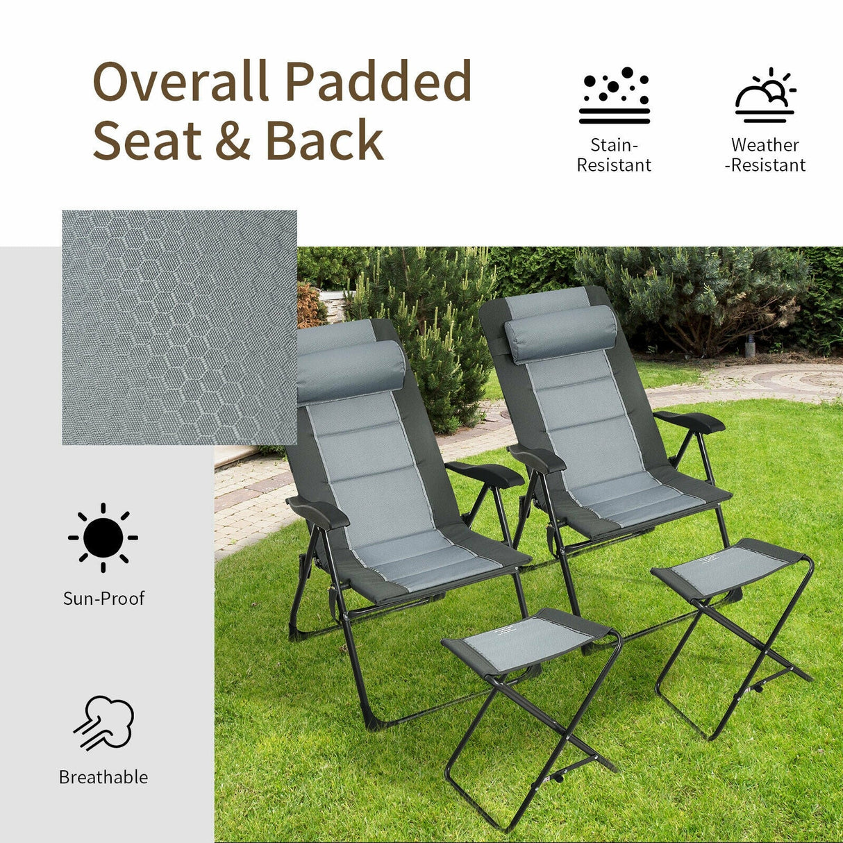 Juego de 2 sillas plegables de comedor con reposapiés, ajustables reclinables, para patio, Patiojoy, gris
