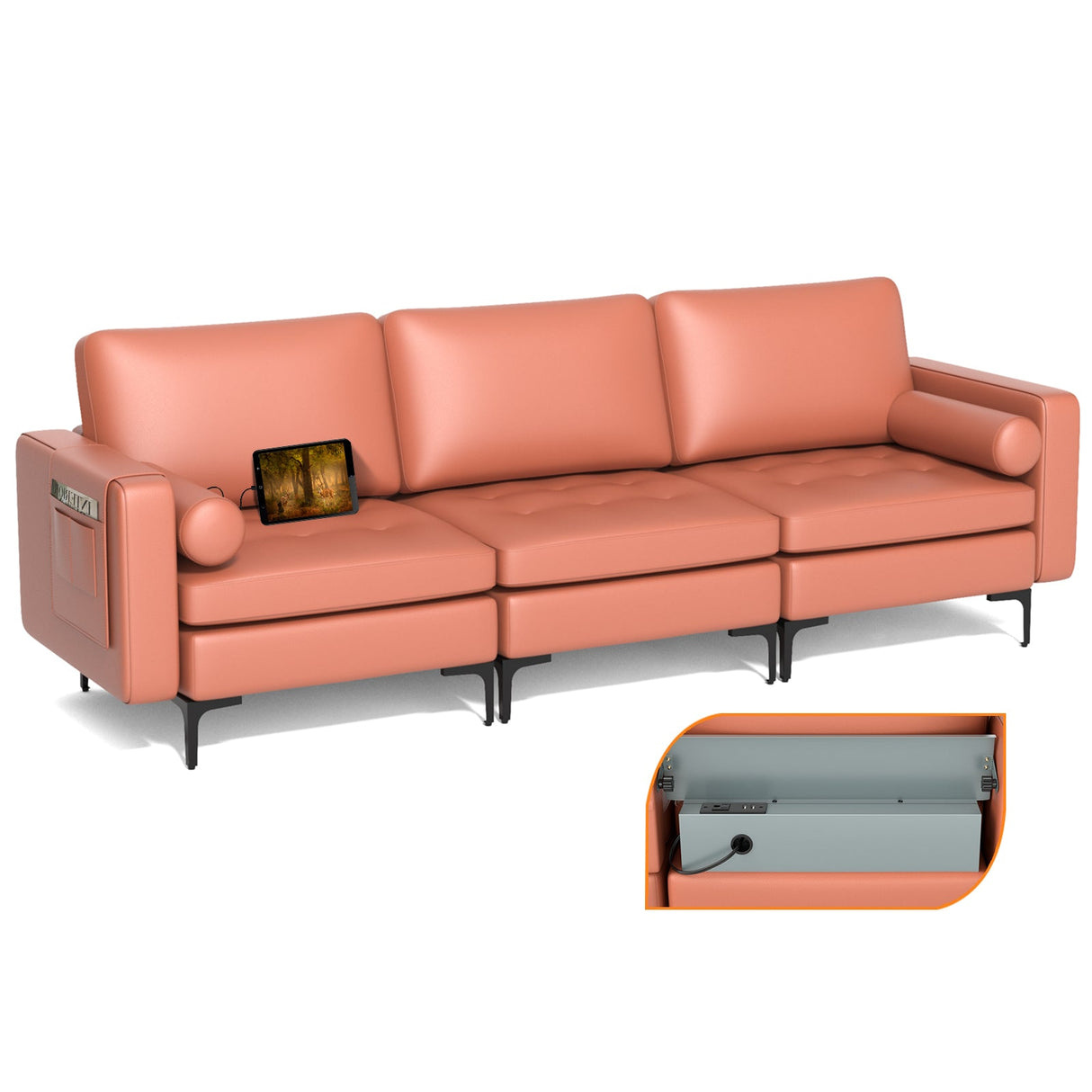 Sofá modular seccional en forma de L de 1/2/3/4 plazas con puerto USB y enchufe - 3 plazas con puerto USB