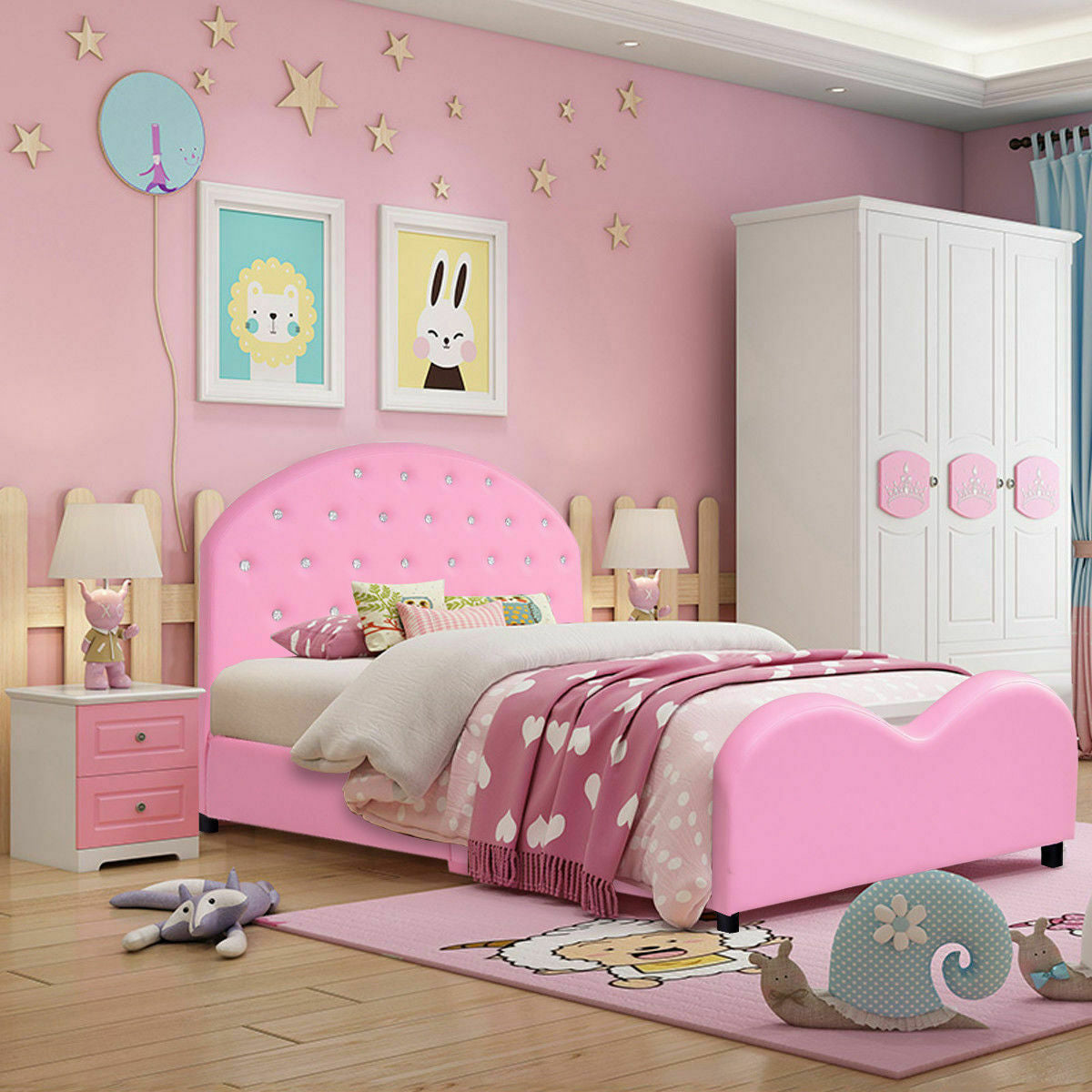 Cama infantil de plataforma tapizada tamaño Twin con soporte de listones de madera