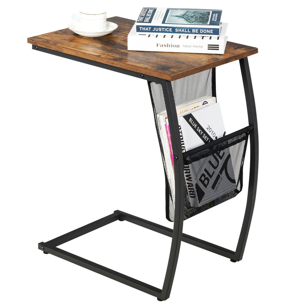 Mesa auxiliar en forma de C vintage con bolsillo lateral y estructura metálica