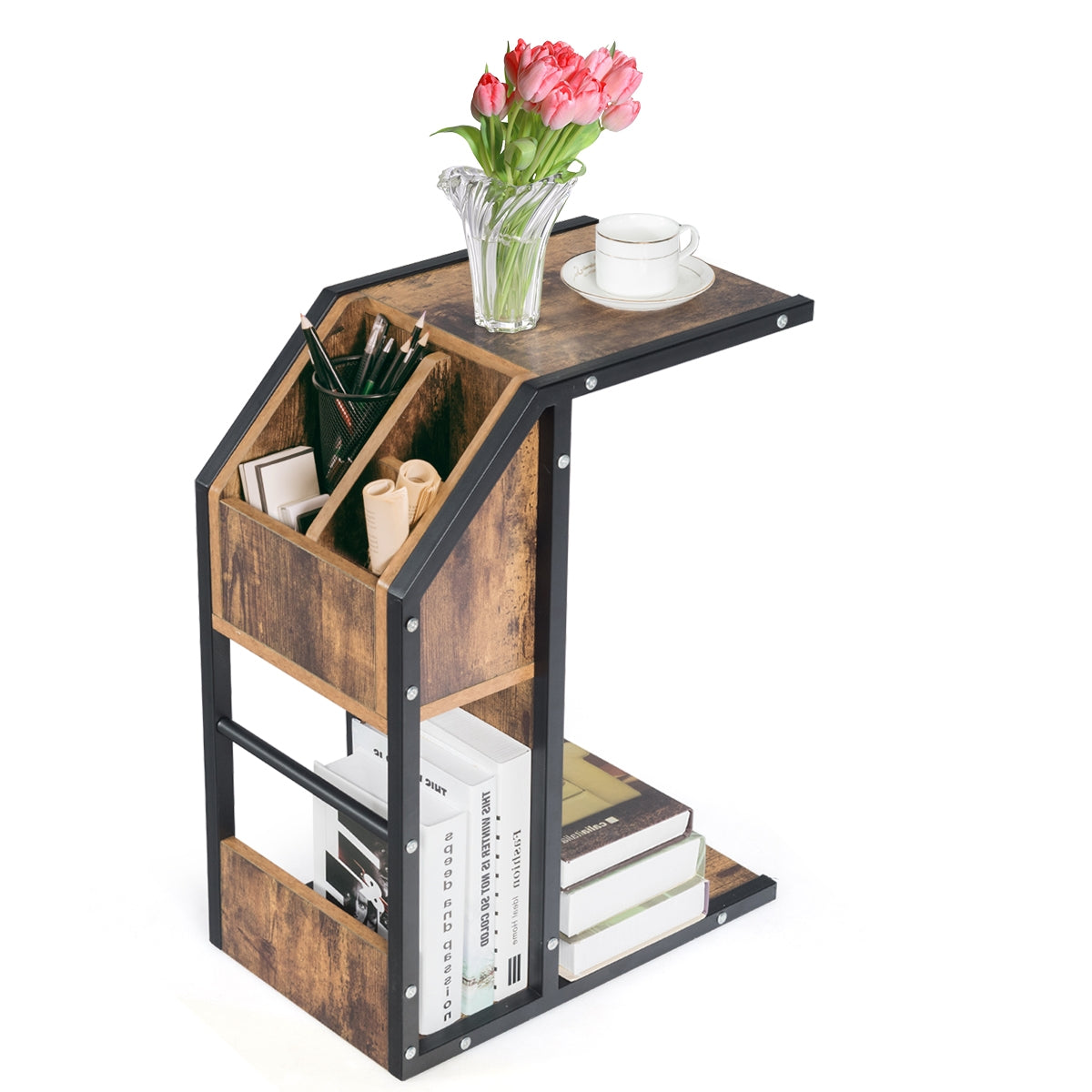 Mesa auxiliar industrial en forma de C con espacio de almacenamiento