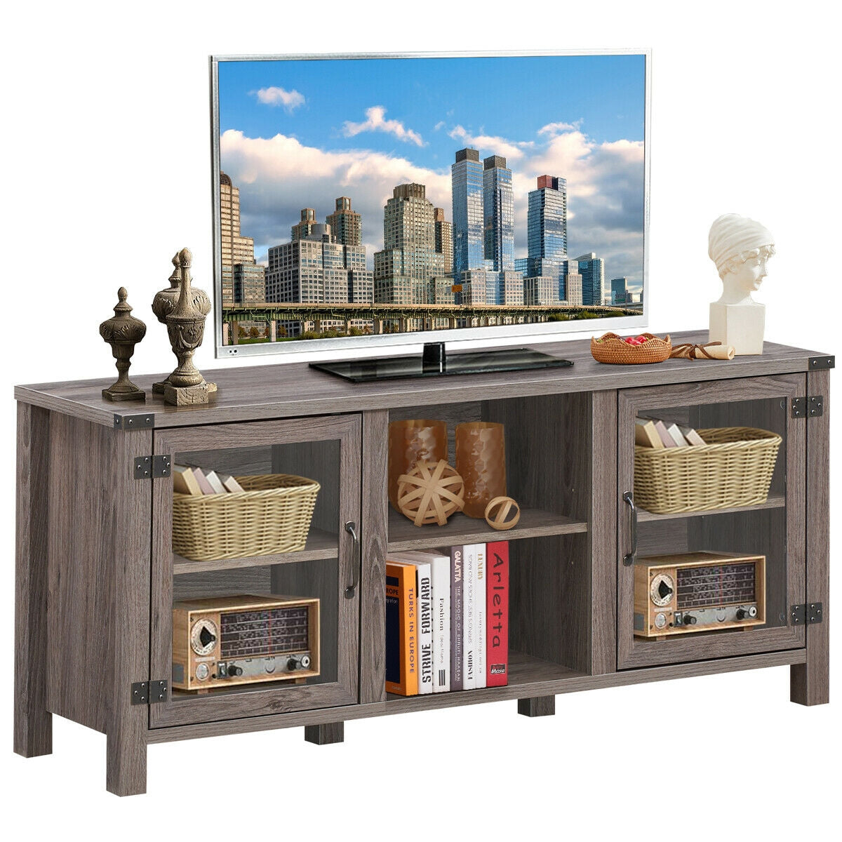 Mueble para TV y centro de entretenimiento para televisores de hasta 65 pulgadas con gabinetes de almacenamiento