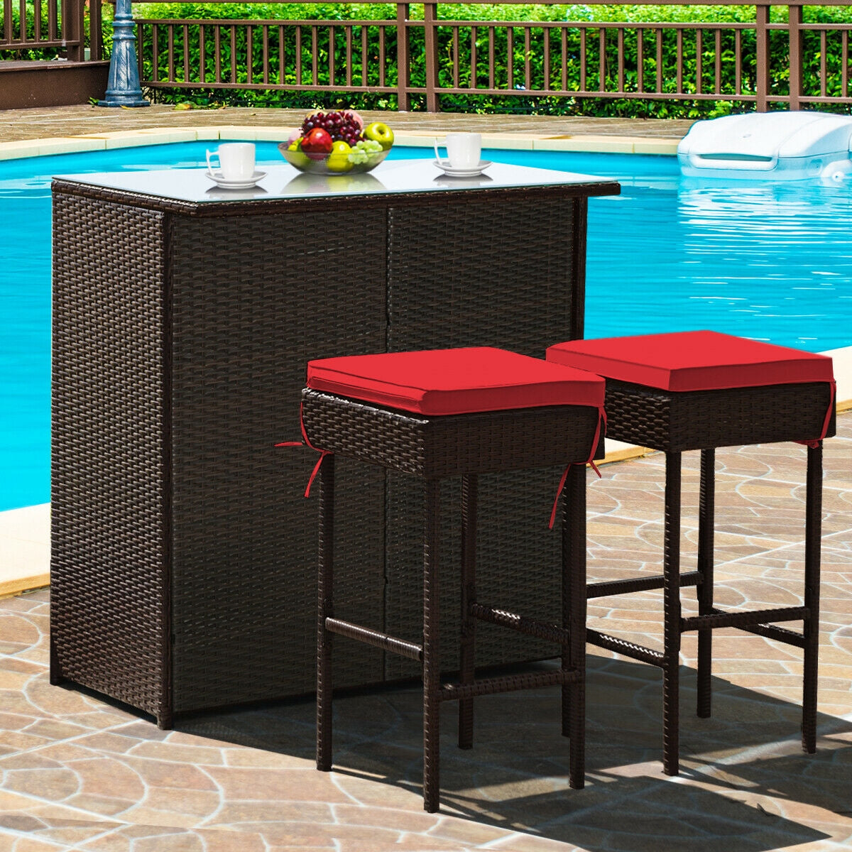 Juego de comedor de 3 piezas para patio de mimbre de ratán con mesa y taburetes - Turquesa