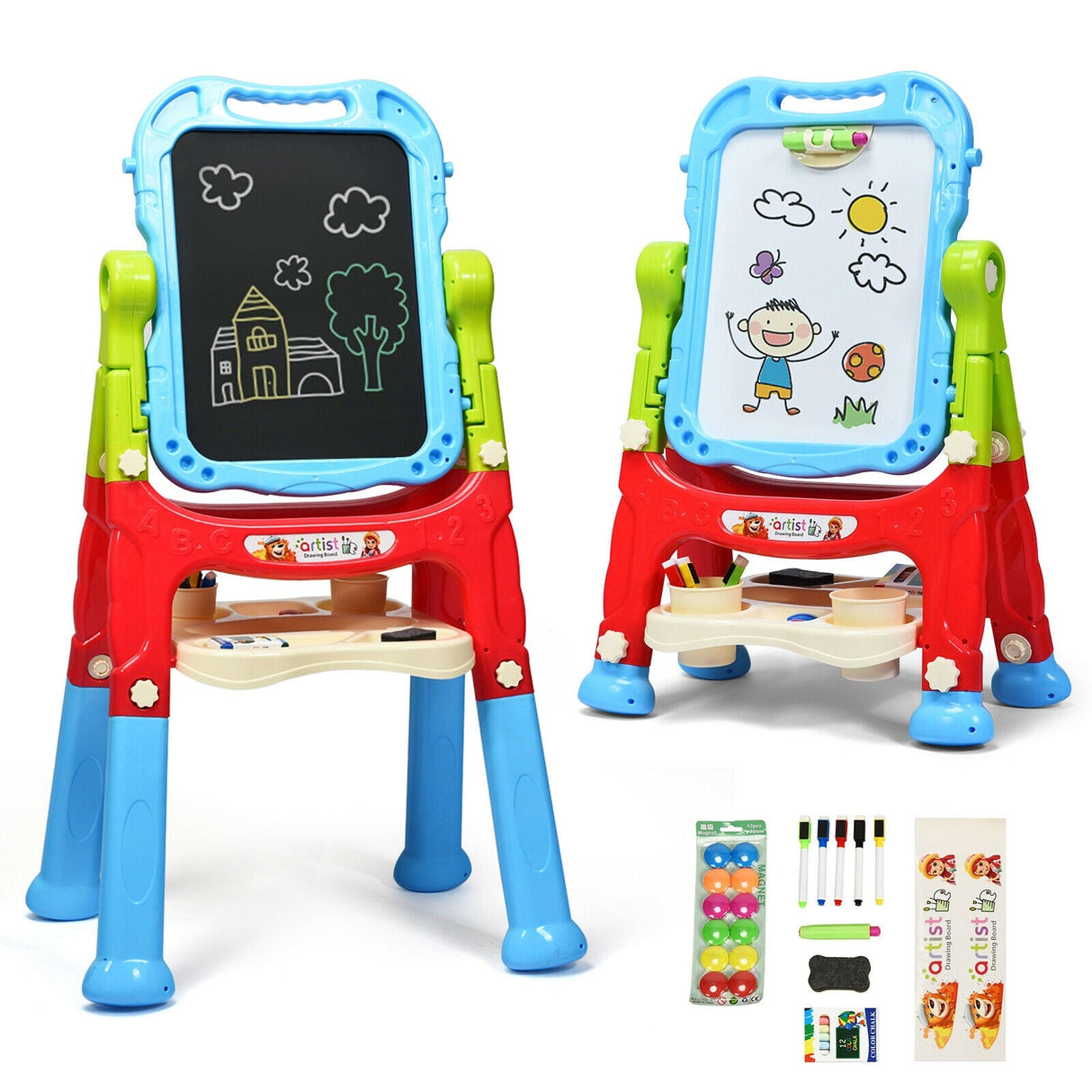 Pizarra de arte magnética de doble cara ajustable en altura para niños