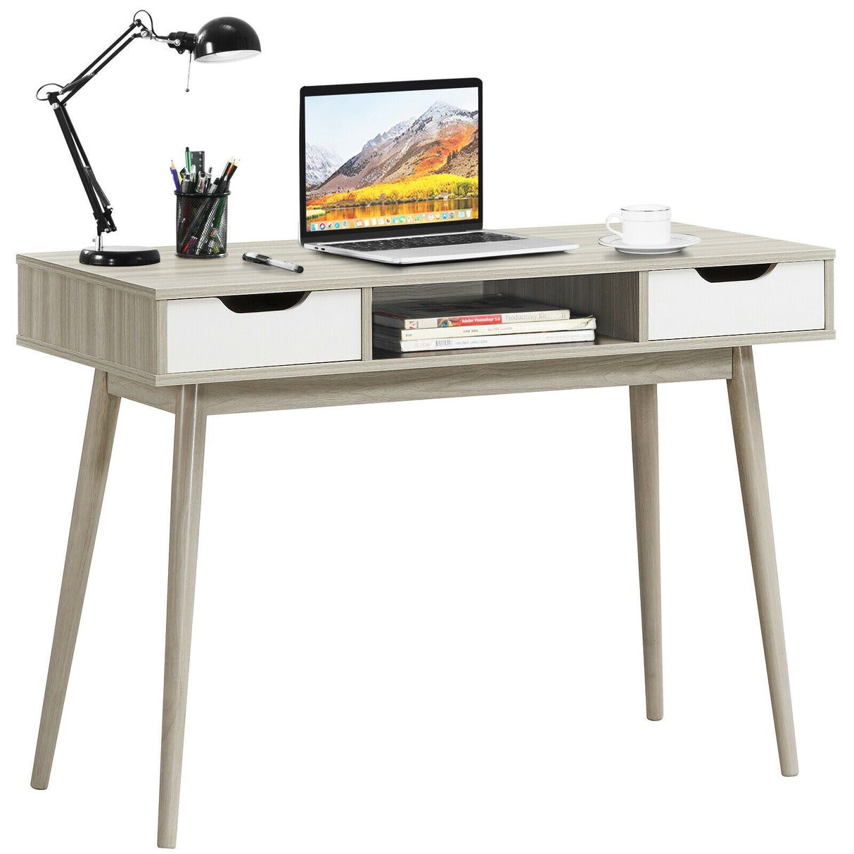 Escritorio de computadora elegante con 2 cajones y patas de madera maciza