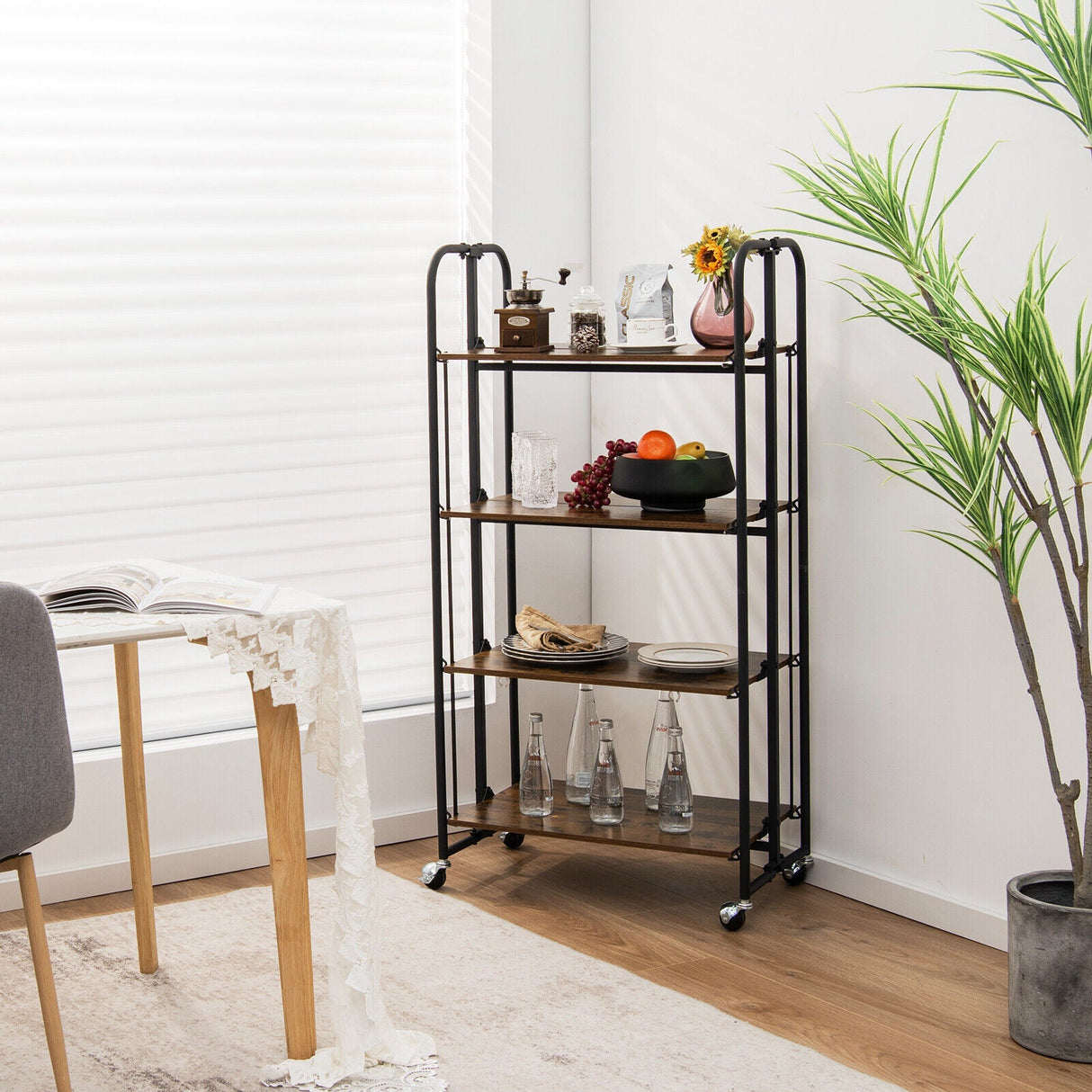 Carrito Plegable con Ruedas y Estantes de Almacenamiento para Cocina-4 Niveles