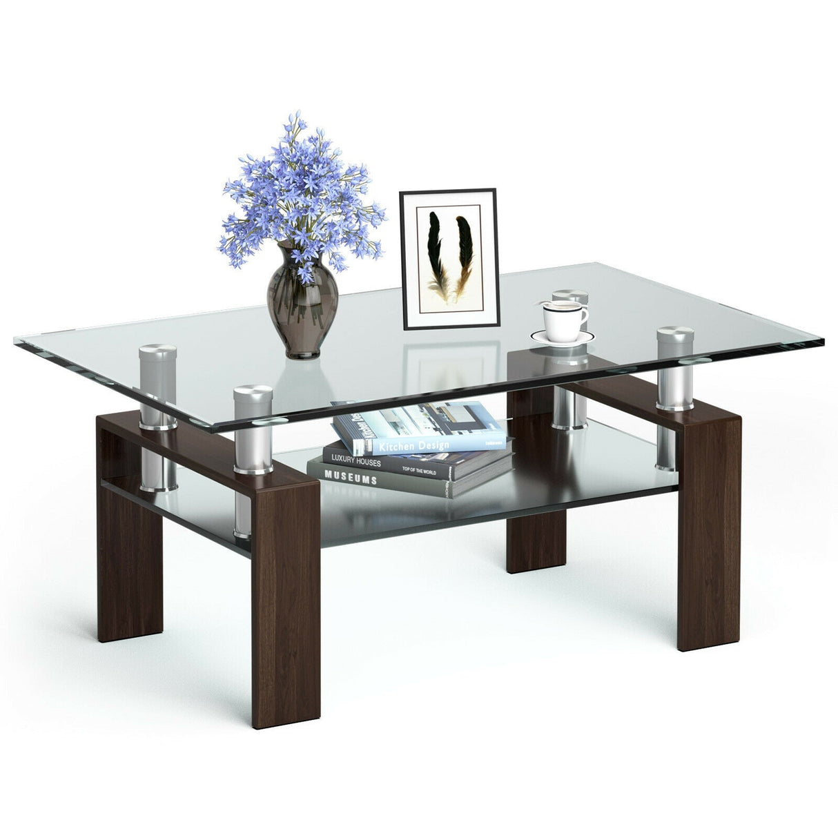 Mesa de centro rectangular de cristal con patas metálicas para salón