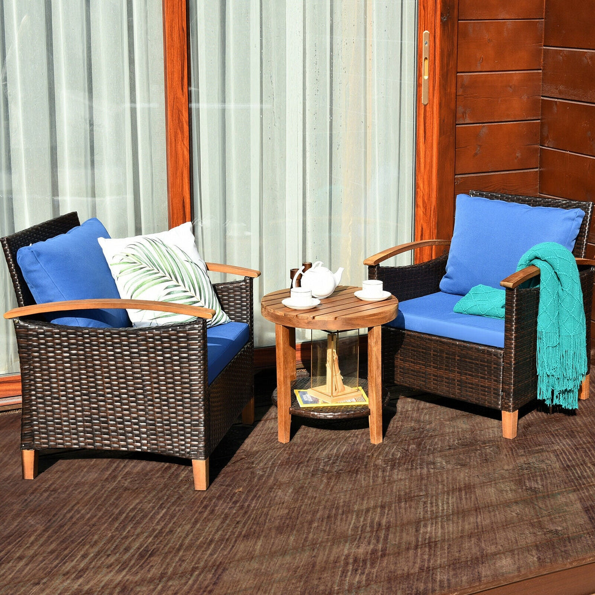 Juego de muebles de patio de ratán de 3 piezas con cojines lavables y tablero de mesa de madera de acacia