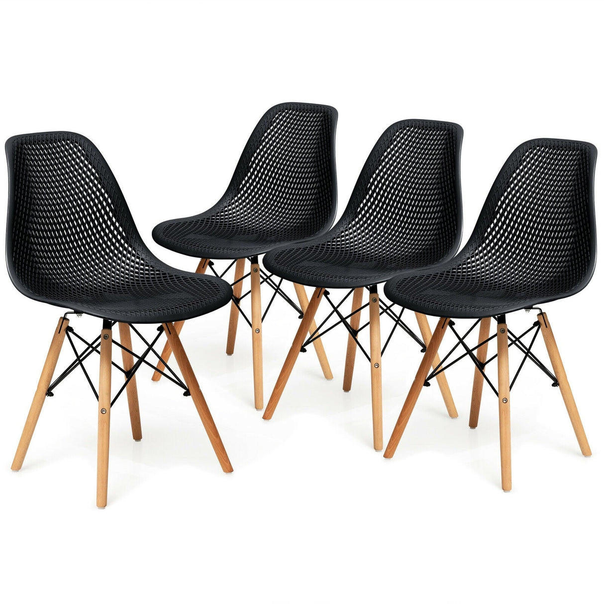 Juego de 4 sillas de plástico modernas con diseño calado y patas de madera