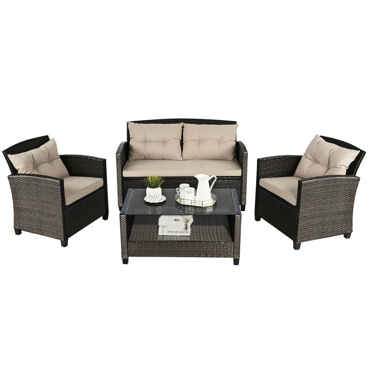Juego de muebles de ratán para exterior de 4 piezas con mesa de cristal