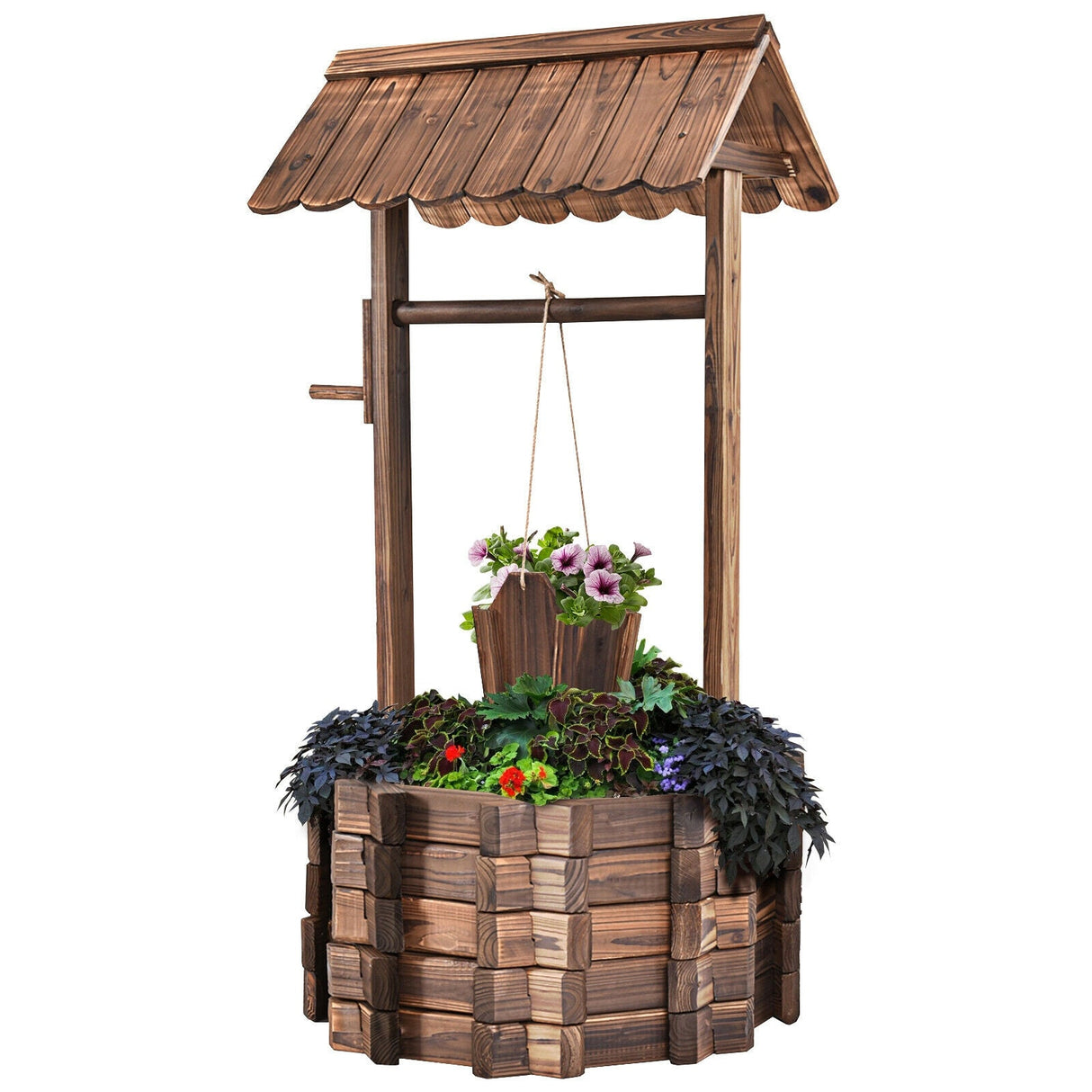 Cubo/Maceta decorativa de madera para jardín con pozo de los deseos