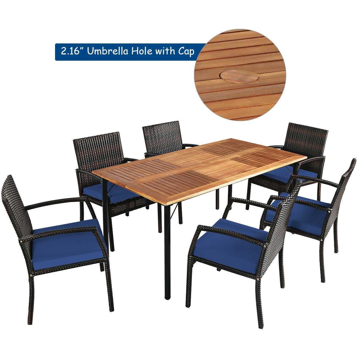 Juego de comedor de ratán acolchado de 7 piezas para patio con agujero para sombrilla