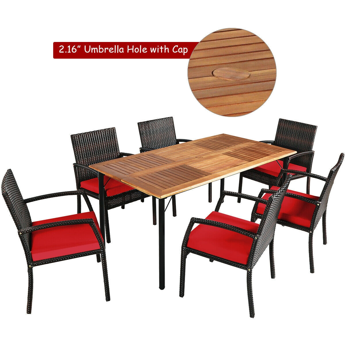 Juego de comedor de ratán acolchado de 7 piezas para patio con agujero para sombrilla