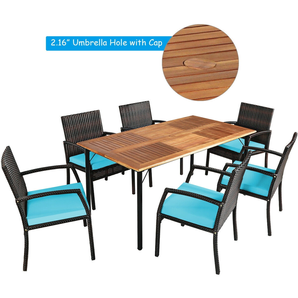 Juego de comedor de ratán acolchado de 7 piezas para patio con agujero para sombrilla