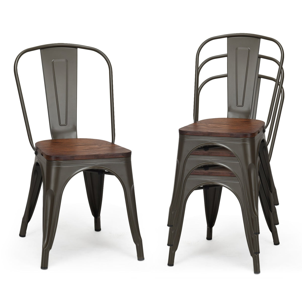 Juego de 4 sillas de comedor apilables de metal y madera de 18 pulgadas de alto