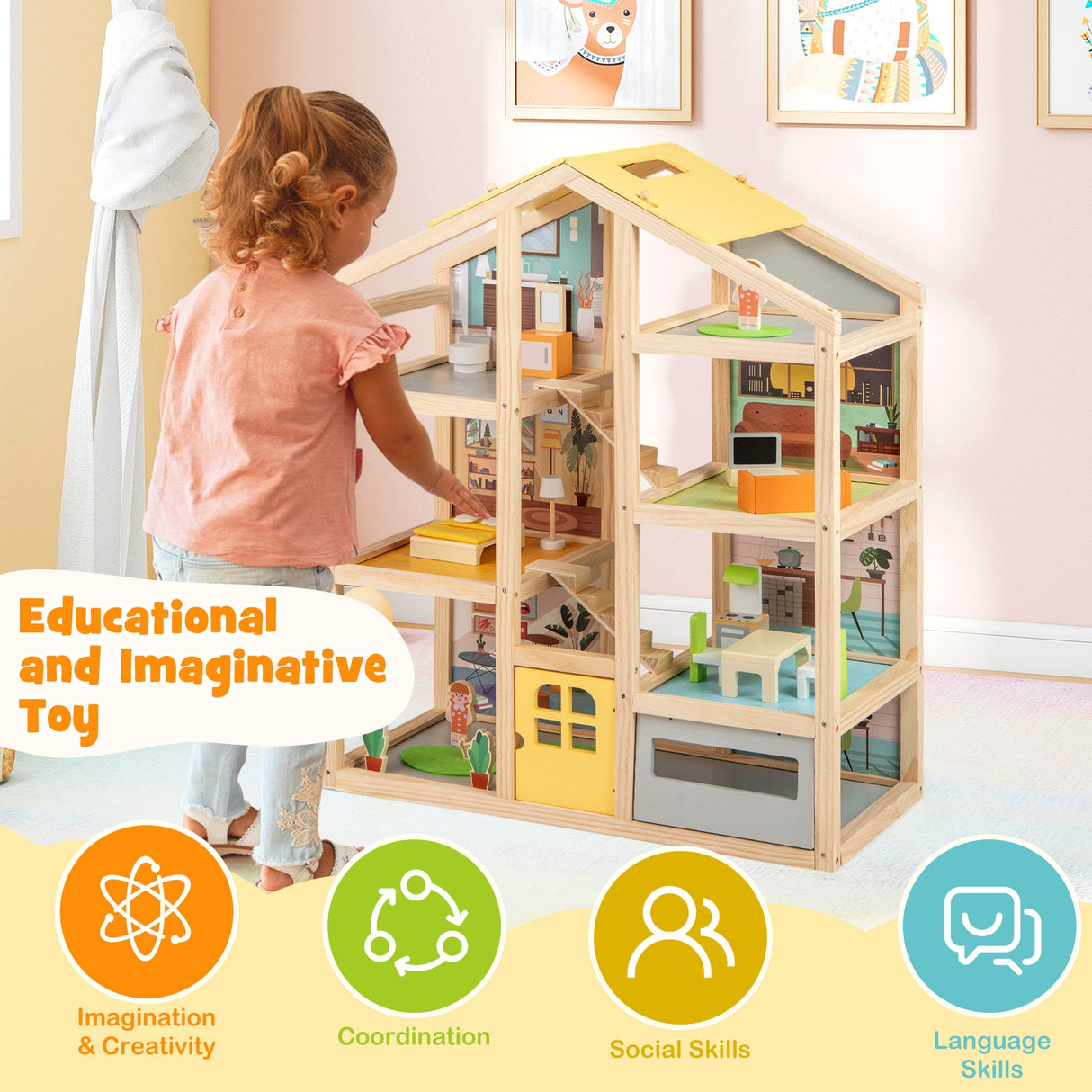 Casa de Muñecas de Madera para Niños, Casa de Juegos Moderna para Familias con Muebles y Figuras - Natural