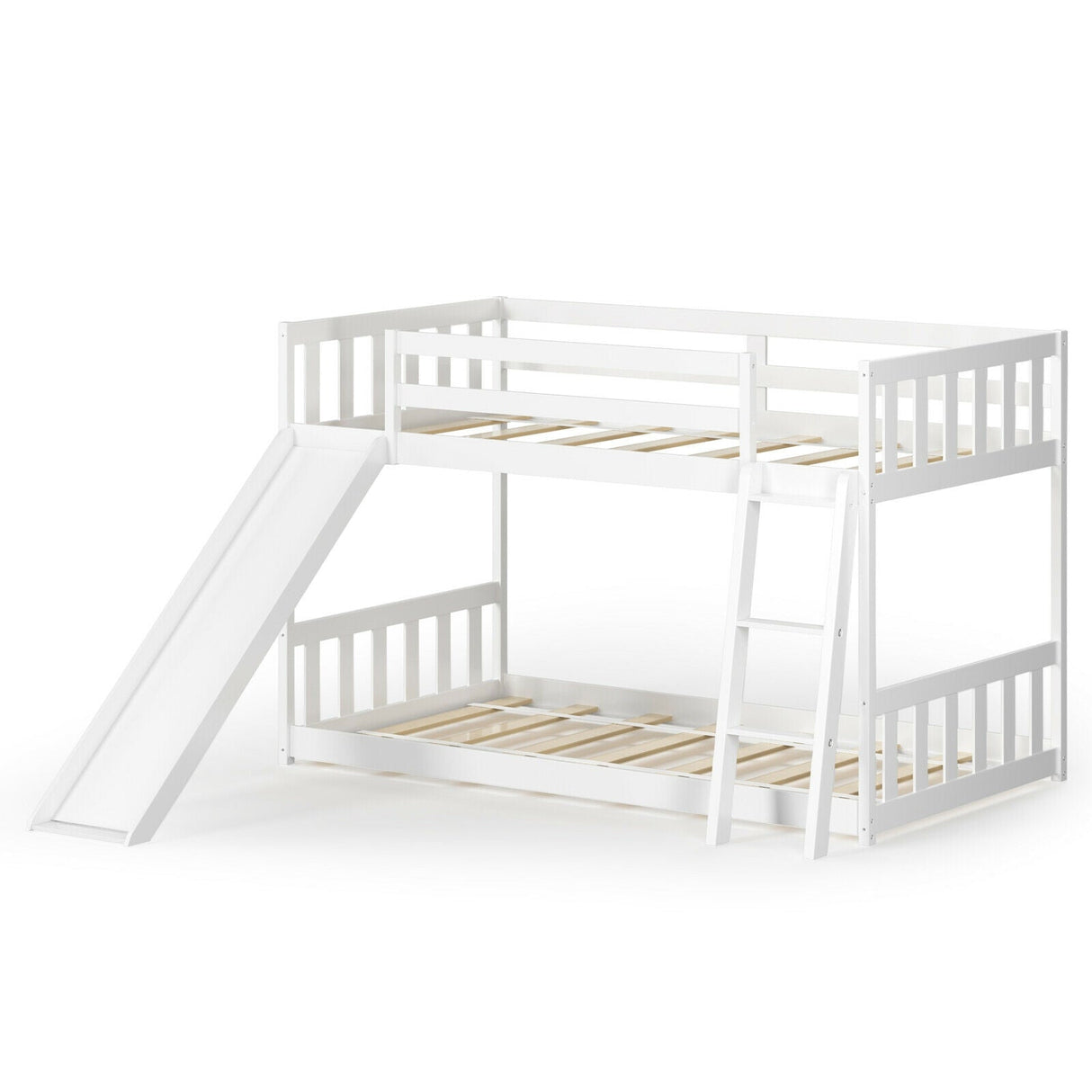 Twin over Twin Bunk Wooden Low Bed with Slide Ladder for Kids
