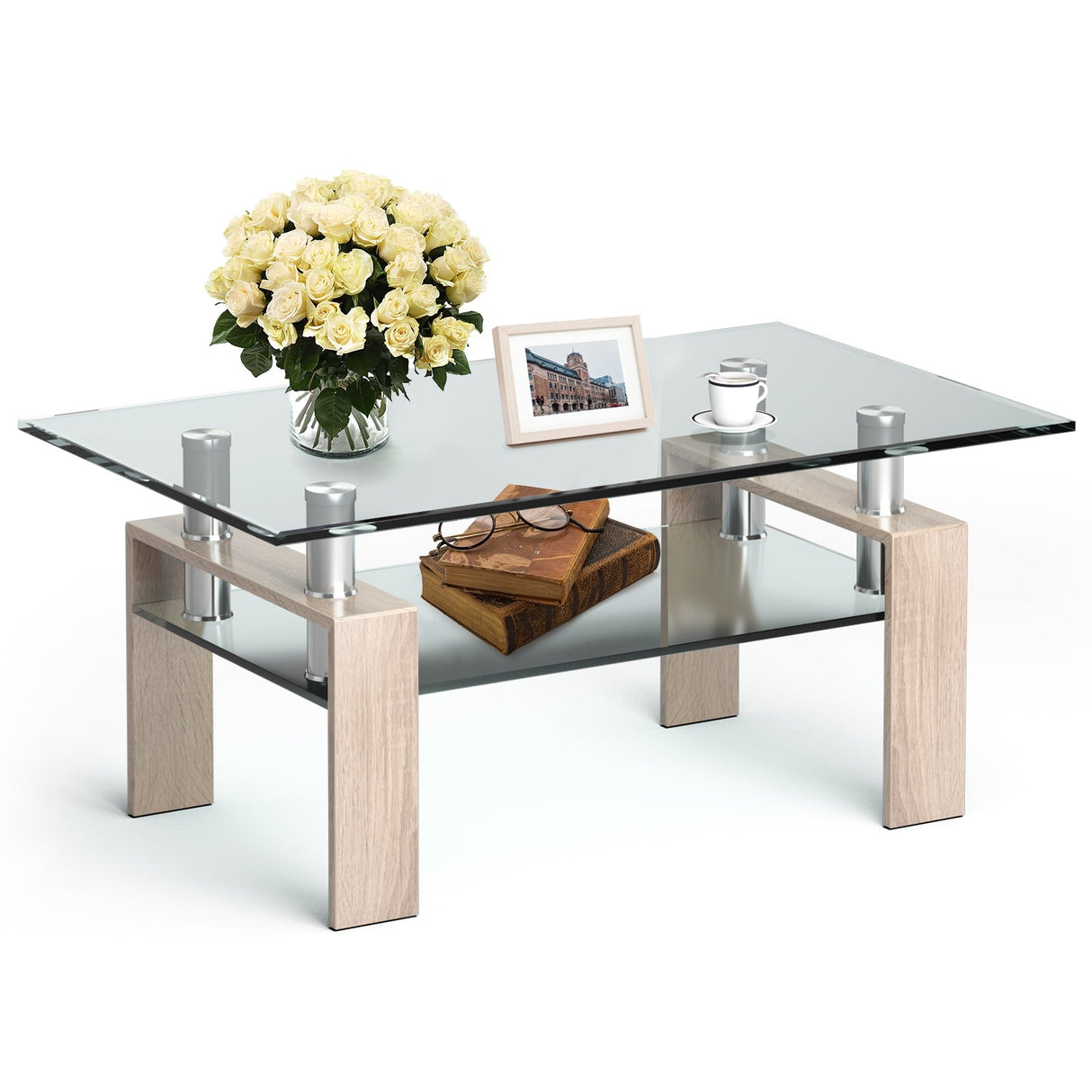 Mesa de centro rectangular de cristal con patas metálicas para salón