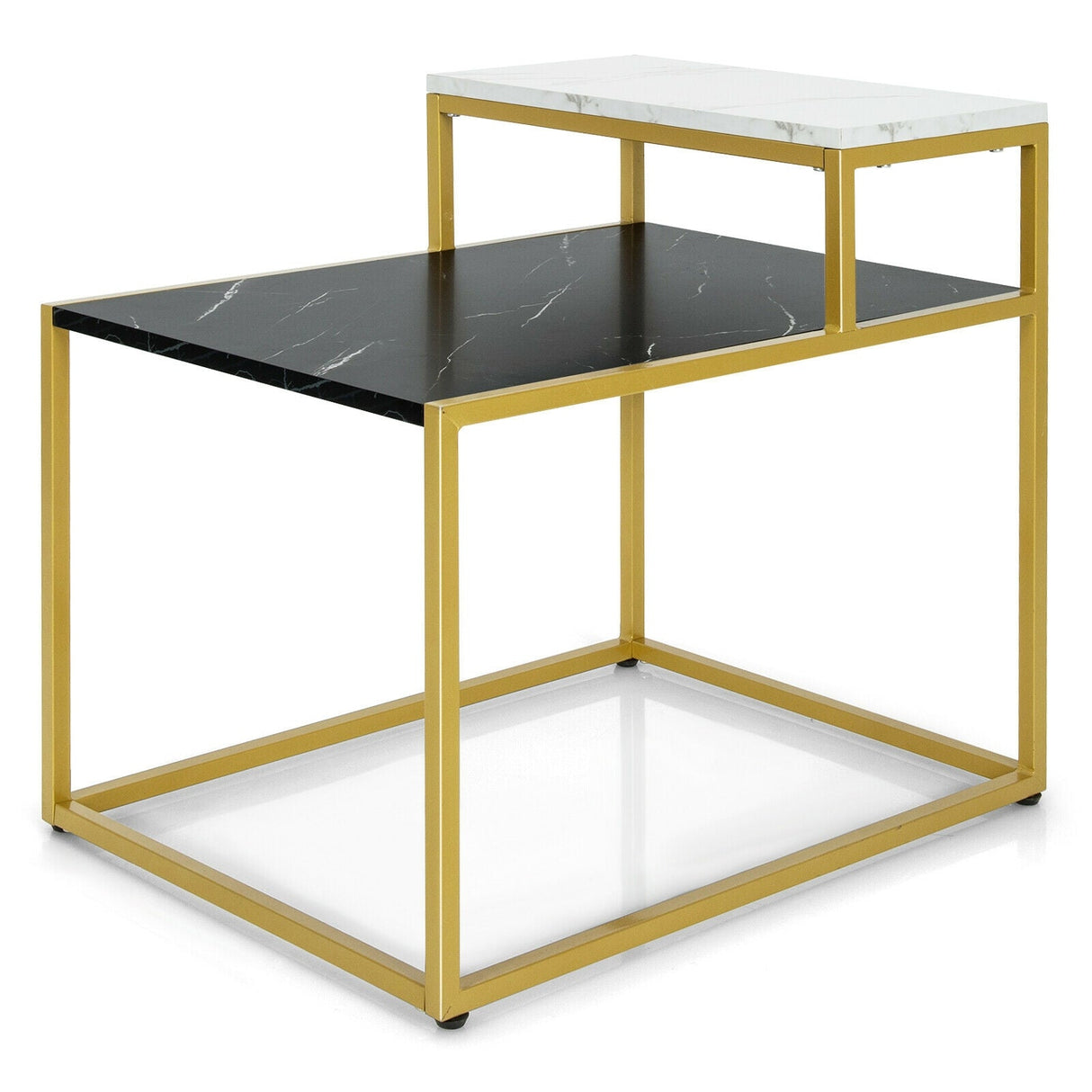 Mesa auxiliar de 2 niveles con estructura metálica y estante de almacenamiento para sala de estar-Blanco