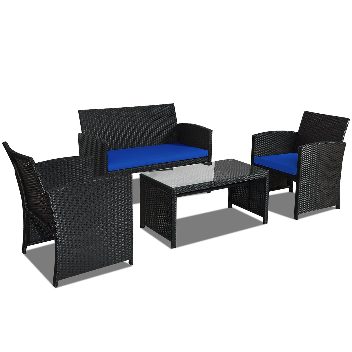 Juego de muebles de patio de ratán de 4 piezas con cojines resistentes a la intemperie y mesa de vidrio templado