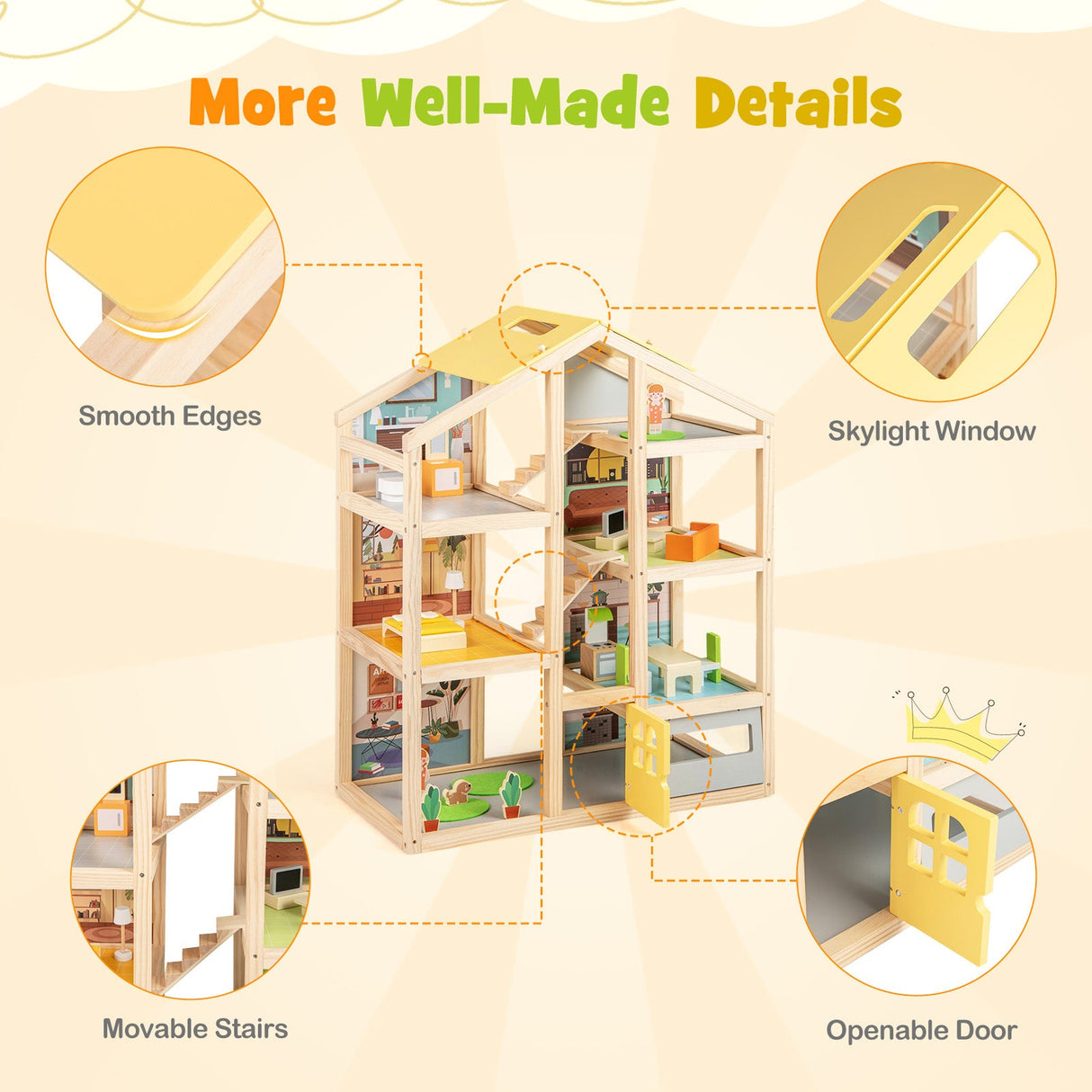 Casa de Muñecas de Madera para Niños, Casa de Juegos Moderna para Familias con Muebles y Figuras - Natural