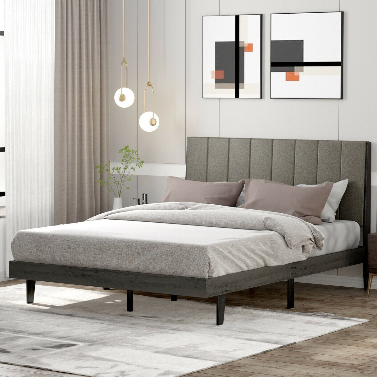 Base de cama tapizada Queen con cabecero capitoné