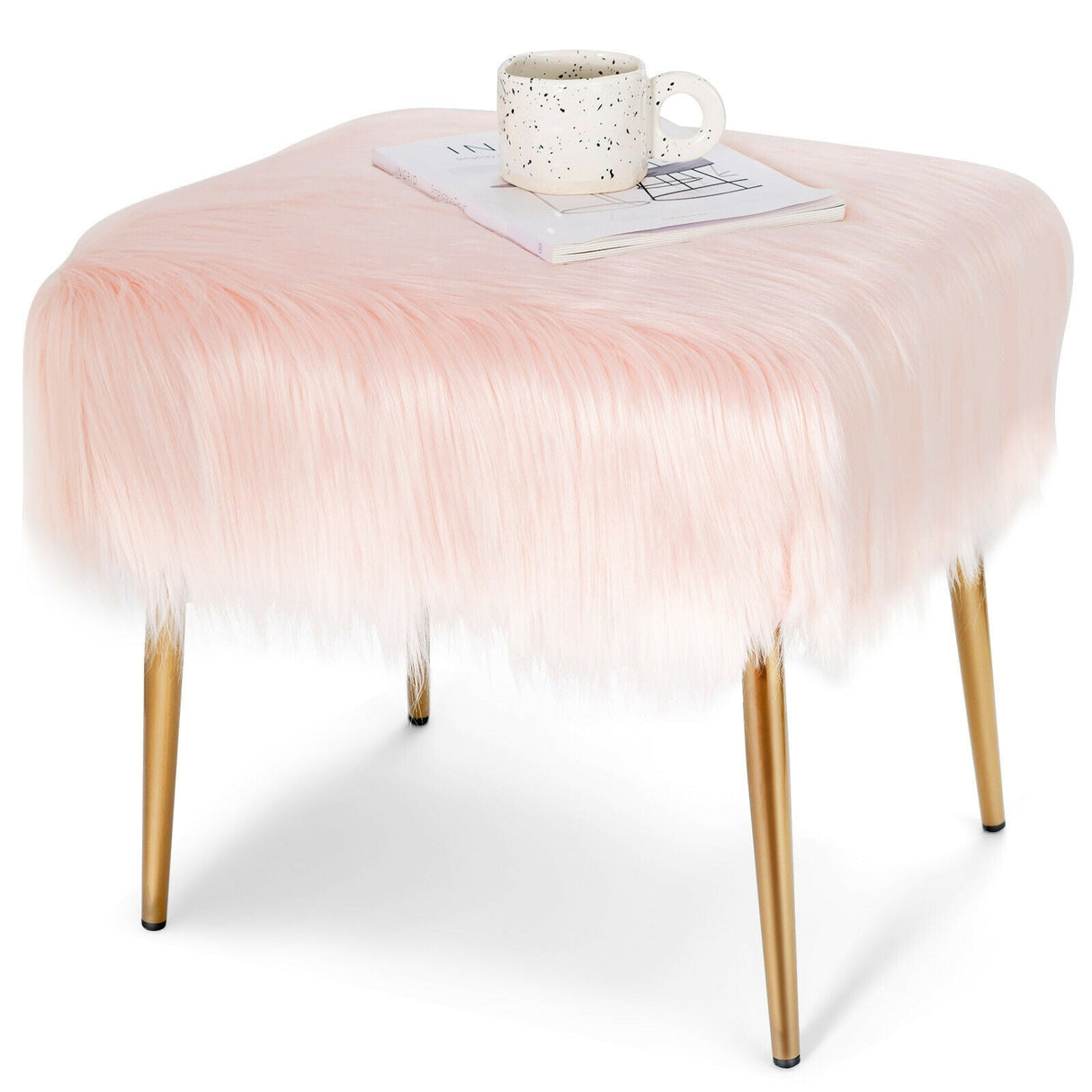 Taburete de Tocador de Pelo Sintético con Patas de Metal Doradas para Sala de Maquillaje