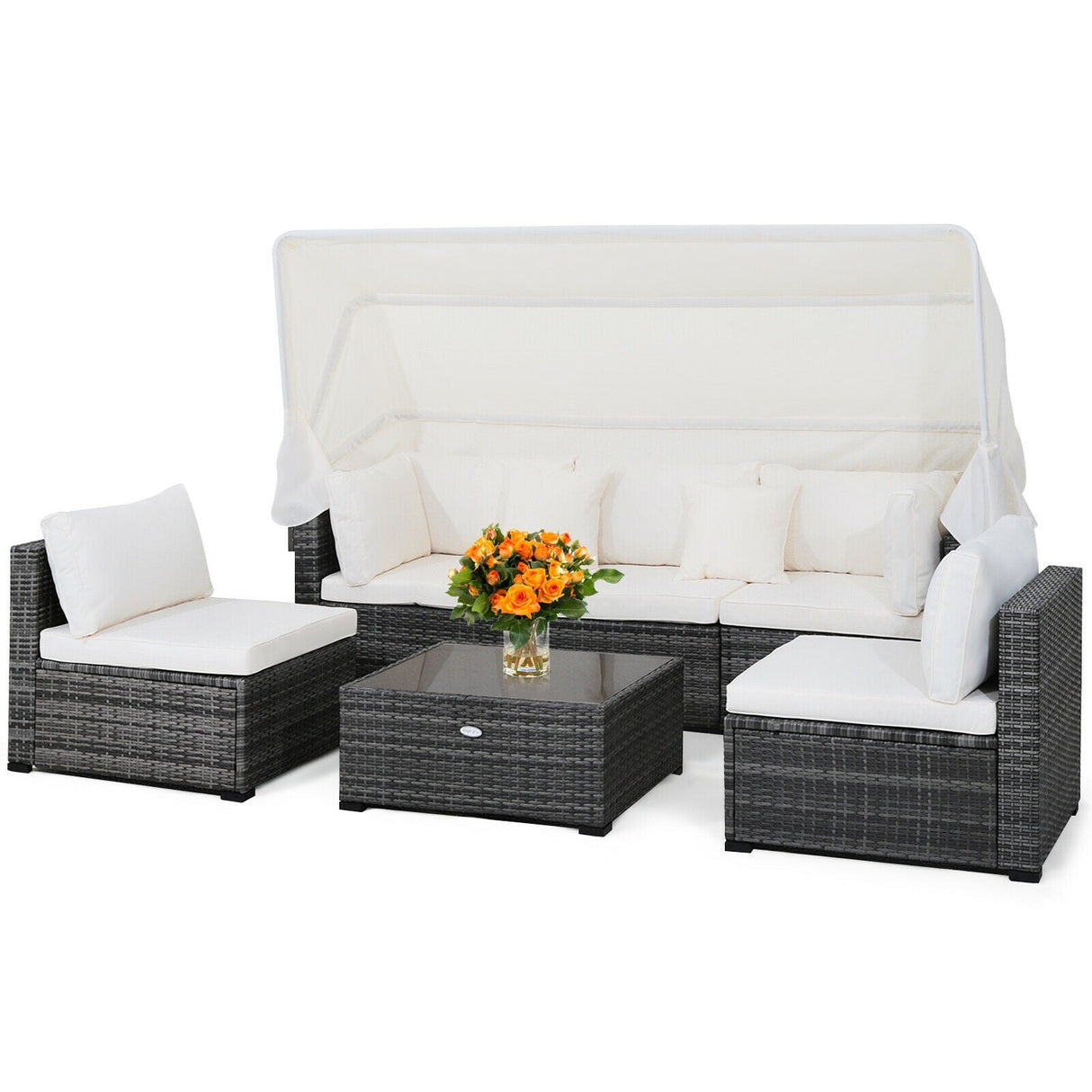 Juego de muebles de patio de ratán de 6 piezas con toldo retráctil