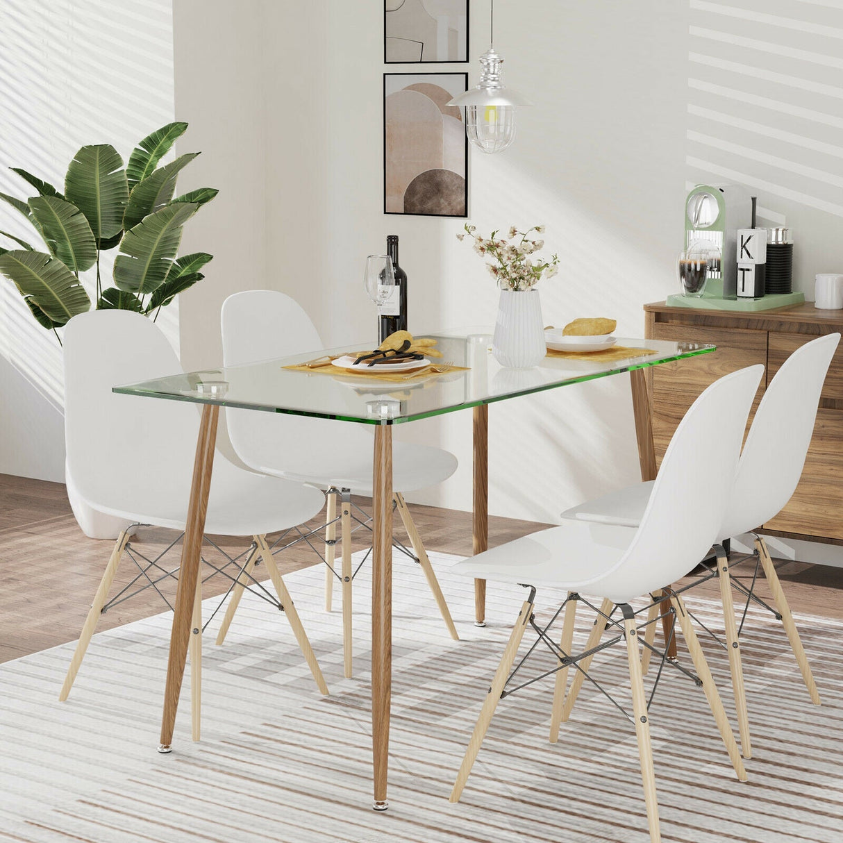 Mesa de comedor rectangular de cristal moderna con patas de metal