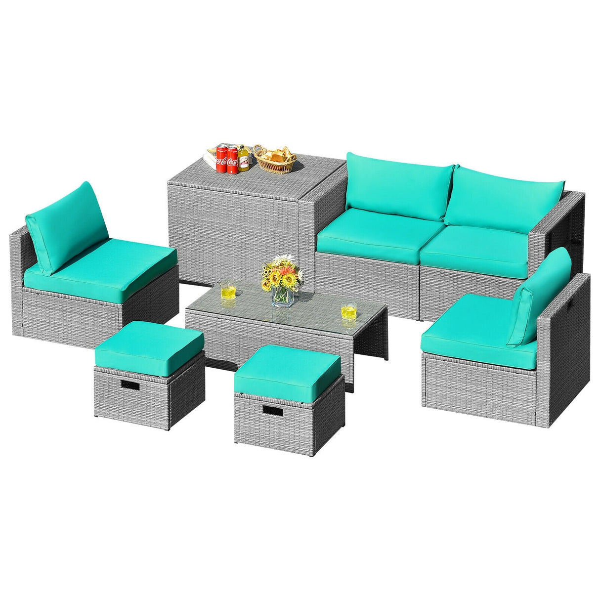 Juego de Muebles de Patio de Ratán de 8 Piezas con Funda Impermeable y Cojines