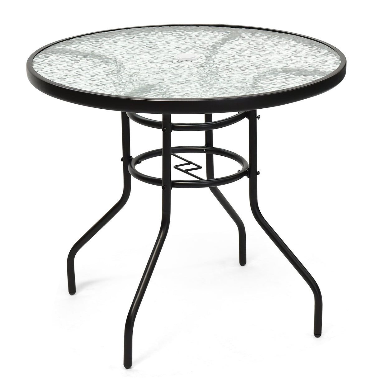 Mesa redonda de 32 pulgadas para patio, de cristal templado y estructura de acero, con práctico orificio para sombrilla